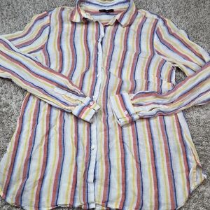 Carre Noir Women's Striped Button Down Shirt 100% Tencel Roll Tab Sleeve Large